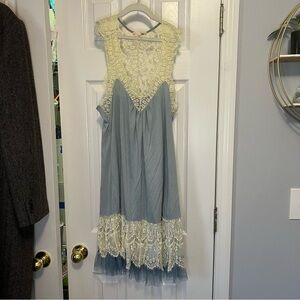 Ryu Cream and blue Midi Sundress with Cap Sleeves and Scoop Neck